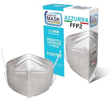 Comfort Mask Azzurra 3 Mascherine FFP2 Bianche Prodotte e Certificate in Italia CE2008, Anallergiche con elastici morbidi e resistenti