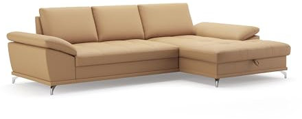 Cavadore Ecksofa Castiel mit Federkern / Eckcouch mit großem Longchair, Sitztiefenverstellung und mattschwarzen Metallfüßen / 301 x 89 x 176 / Echtleder, Beige