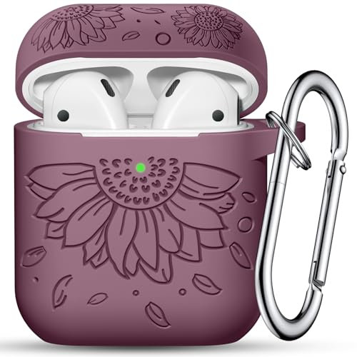 Maledan Blume Gravierte Hülle Kompatibel mit AirPods Hülle, Elegant Silikon Stoßfest Hülle für Airpods 2 & 1 Generation Schutzhülle Case mit Karabiner [LED Sichtbar] für Damen,B-Rauchiges Violett