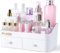 PVJSNN Makeup Organizer, Large Capacity Desk Organizer with 2 Drawers, Bathroom and Bedroom Desk Cosmetics Holder for Skin Care, Lipstick, Brushes, Eyeshadow, Lotions, Nail Polish (White)