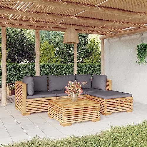 Gecheer 5-TLG. Gartenmöbel Set Loungemöbel Garten Holz Terrassenmöbel Gartenlounge Set mit Kissen Sitzgruppe Balkon Lounge Sofa Gartensofa Gartenset Sitzgarnitur Mittelsofa Ecksofa Massivholz Teak