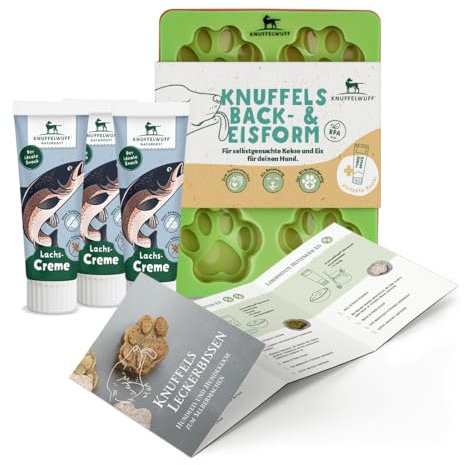 Knuffelwuff Hundekekse und Hundeeis Set mit 3 Silikonformen, Rezepten und Tubensnack Lachs - Hitzebeständigkeit von -40°C bis 220°C - Perfekt für Hundetraining
