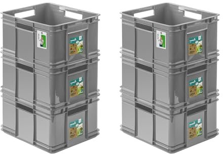 PAFEN 6x Euro Stapelbox 28l - 43 x 35 x 24 cm - Eco Aufbewahrungsbehälter Euro-box Stapelkasten Transport Eurobehälter aus PP, Stone Grey
