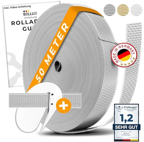 BELLUX Rolladengurt 50 Meter [Made in Germany] inkl. Gurtschneider | 14mm - extrem reissfest - bis 200Kg| Gurtband Rolladenband Rollogurt Rolloband f. alle Gurtwickler Fenster Türen Grau Weiß Beige