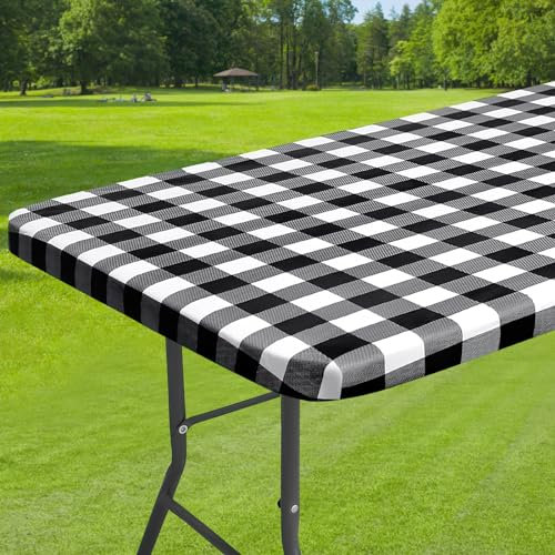 Dremisland Schwarz-Weißes Karo Tischdecke Abwischbar mit Elastischem Rand Spanntischdecke Wachstuchtischdecke Gartentischdecke Outdoor Plastik Tischdecke Für Bierzeltgarnitur Party Küche Picknick