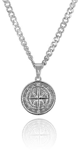 JVillion Kompass Medallion Halskette Silber Herren Nordstern Anhänger, 4mm Kubanische Kette, 50-60cm Länge, wasserfest & nicht-abfärbend (55)
