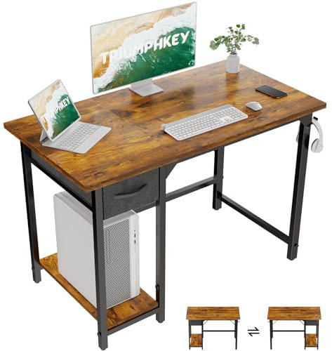 TRIUMPHKEY Escritorio de Ordenador, Mesa con Cajones,100cm Escritorio de Oficina con Gancho, Mesa Reversible, Escritorio de Ordenador de Estilo Moderno para Dormitorio y Oficina en Casa Marrón