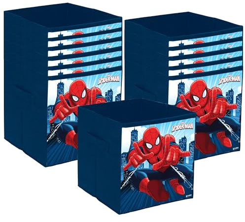 Kuber Industries Lot de 12 boîtes de rangement pliables, organiseurs de rangement de jouets d'enfants, paniers d'armoire pour vêtements, motif Marvel Spiderman, bleu marine