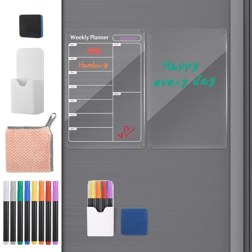 2 Pack Magnetic Fridge Planner, Acrylic Calendar Whiteboard for Fridge Weekly Planner with Magnetic Dry Erase Board, 8 Markers, Pen Holder&Cloth for Meal Planner Shopping List Memo Reminders