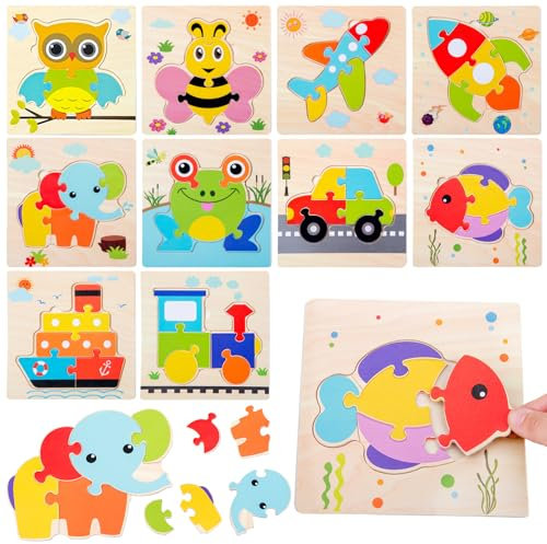 LETTERASHQP Holzpuzzle - 10 Stücke Steckpuzzle vom 1-3 Jahr, ab 2 Jahre - Geschenk für Kinder zu Weihnachten