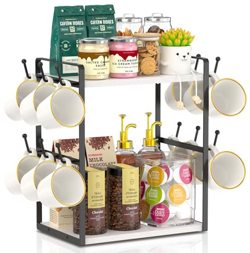 EsLuker.ly 2 Tier Coffee Bar Organiser for Home Office, Multi-functional Countertop Mug Holder Display Stand Rack, Coffee Station Accessory Storage Shelf with 12 Hooks, White-Black