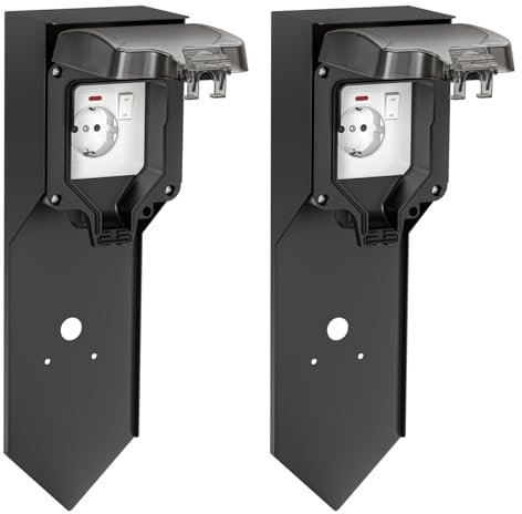 ledscom.de 2 Stück Garten Steckdosensäule POXO mit Erdspieß für außen, IP65, 1-fach, Edelstahl, schwarz, eckig, 40 cm