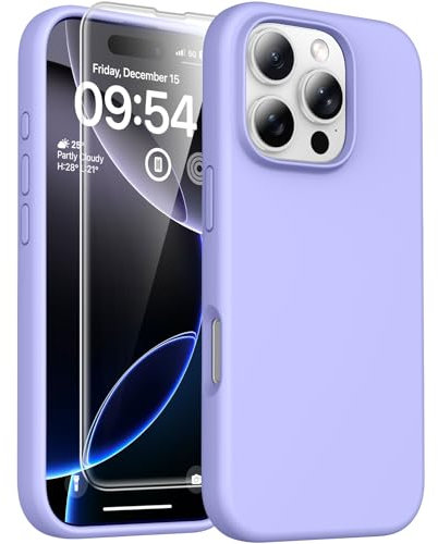 TOCOL 3 in 1 Silicone for iPhone 16 Pro Case 6.3-Inch, with 2 Pack Tempered Glass Screen Protector, Liquid Silicone Slim Silky-Soft Touch Multi-Color Anti-Scratch Shockproof Cover, Purple
