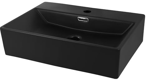 LuxeBath Lavabo in Ceramica 515x365x130 mm Colore Nero Opaco Lavello da Appoggio Rettangolare Lavandino Design Moderno Sanitari per Bagno Casa Hotel Bacinella per Ospiti Rubinetteria per Bagno