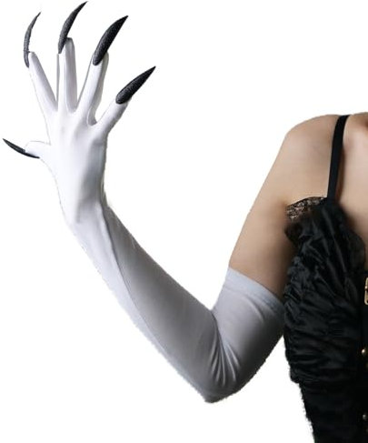 OhMill White Long Nail Claw Gloves Halloween Long Claw Hands Claw Gloves Costume White Long Glove Women Elbow Glove 1 Pair