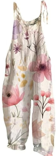 EMUKFD Salopette da donna UK gamba larga Boho stampa tuta floreale vestibilità ampia tutina cotone lino estate spiaggia senza maniche tutine salopette salopette tuta traspirante ampia casual vacanza