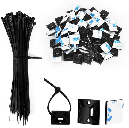200Stück Klebesockel für Kabelbinder Schwarz, Selbstklebende Halter | Kabelbinder Halter Basishalter Kabelklemme Set mit Mehrzweck-(Kabel-binder Länge 150mm, Halterung Breite 20 mm)