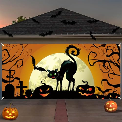 Halloween Außendeko Banner 480x210 cm - Furchterregende Deko für Zaun, Tor und Garagenwand - PVC Material mit Wetterfesten Eigenschaften - Drinnen Draußen Deko Halloween Booth Hintergrund Zeichen