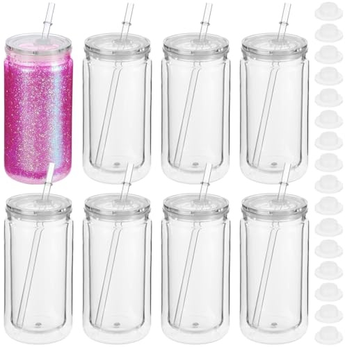 SWEWARM 8 Pcs 16 fl oz Plastic Tumblers with Lids and Straws, Double Wall Tumbler with Pre Drilled Hole Bulk Snow Globe Cups, Reusable Mason Cup with Silicone Plugs for Cold Drinks, DIY, Parties