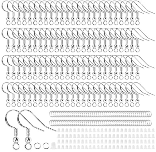 300 Stück Ohrringe Selber Machen set, Ohrring Haken, Silber 925 Ohrringe | Ohrhänger Silber, Hypoallergene Ohrringe Basteln, Ohrhaken mit Durchsichtigen Gummi Ohrstopper Und Spule