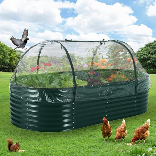 Hochbeet Metall 240x120x60cm Mit Abdeckung, Ovales Gartenbeet Mit Reißverschluss-Netz, Offener Boden Für Drainage, Stabiles Pflanzbeet Für Gemüse Kräuter Blumen Garten Terrasse Balkon, Dunkelgrün