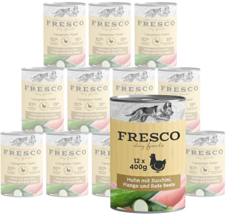 FRESCO Dog NassBarf Huhn 12 x 400g | mit Zucchini, Mango und Rote Beete | Hundefutter Nass getreidefrei | Mono-Protein & 82% Frischfleisch | Nassfutter für Hunde ohne Zusätze | Aus Deutschland