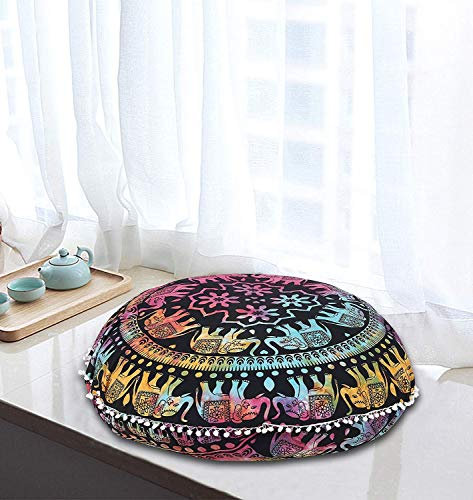 Bodenkissen mit Elefanten-Mandala, 81.3 cm, Meditationskissen, Sitzkissen, Hippie-Stil, dekorativ, Bohemian-Stil, bunte Überwürfe mit Bommel, Fransen, exklusive Dekoration, Rangoli-Farbe (nur Bezug)