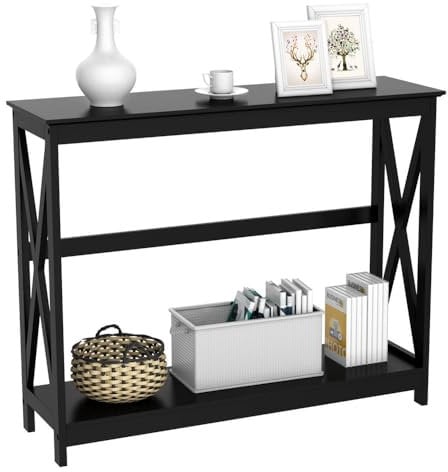 Yaheetech 2-Tier Console Tables Side/End Table with Shelf X-Design Wooden Hall Desk for Living Room/Bedroom/Hallway Black, 101.5x30x81cm