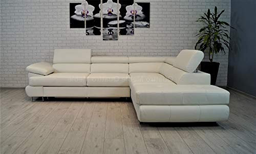 Quattro Meble Weiß Echtleder Eckcouch 275 x 225 Sofa Couch mit Schlaffunktion, Bettkasten und Kopfstützen Echt Leder Ecksofa (275 x 225 Ecke Rechts)
