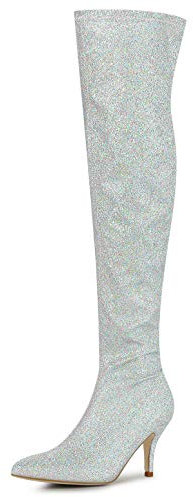 Allegra K Stivali alti sopra il ginocchio con tacco a spillo a punta glitterata da donna, Argento, 41 EU
