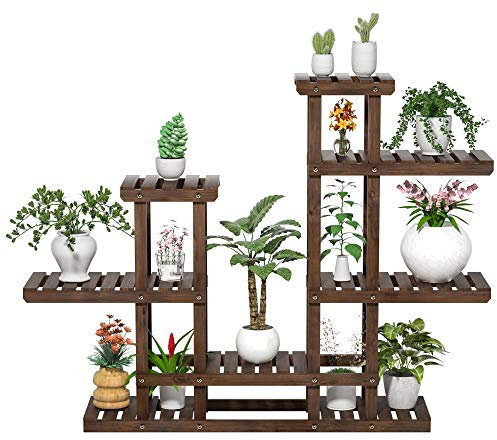 Yaheetech Etagère à Fleurs Support Porte Pot de Plantes en Bois 8 Tablettes 6 Niveaux Présentoire Polyvalent Balcon/Maison/Bureau/Terrasse Marron Rustique 120,5 x 25 x 96,5cm