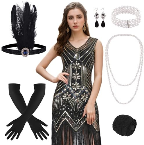 FEPITO 1920er V-Ausschnitt Pailletten Perlen Fransenkleid mit 20er Accessoires Set(Black and Gold(Style 2), Large)