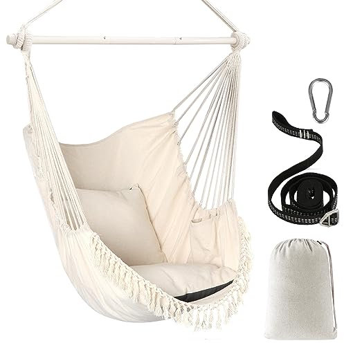 Chihee Hängesessel Hängeschaukel Maximal 500 Pfund Inklusive 2 Kissen Stahl Spreizstange mit Metall Tragbarer Hängesessel Seitentasche Großer Macrame Bohemian Stuhl Innen Außen