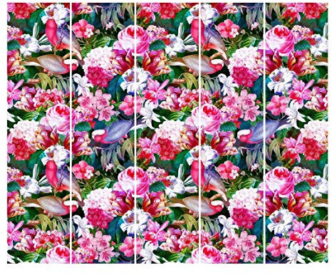 Bilderwelten Schiebegardinen Set Bunte Tropische Blumen mit Vögeln Pink 5 Flächenvorhänge 250 x 300cm Deckenhalterung