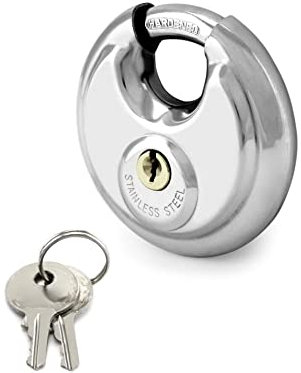 QWROK 70mm Vorhängeschloss mit Edelstahlschäkel Disc Schloss Edelstahl Rostfrei wetterfest Rund mit 2 Schlüssel, 1 Stück