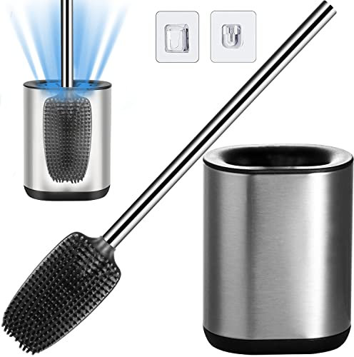 Bingobang Toilettenbürste und Halter Set, 304 Edelstahl Silikon Klobürste, WC-Bürste für Badezimmer mit schnell trocknendem Haltersatz(Silber)