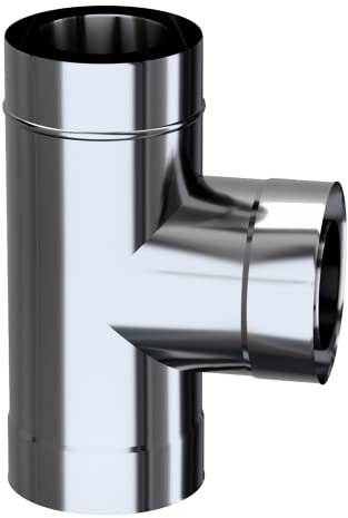 Kratki Gaskamin T-Stück 130/20090°, Schornsteinelement aus Edelstahl Wandstärke 0,4-0,5 mm, Abgas- und Schornstein-T-Stück für Temperaturen bis zu 450 °C