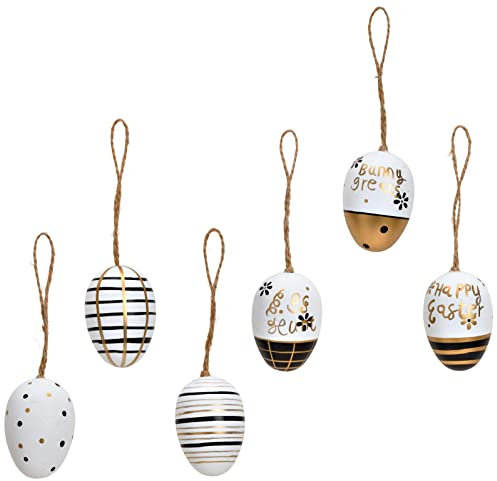 matrasa 12er Set Deko Ostereier Schwarz Gold Weiß - Hänger Osterdeko Dekoeier Kunststoff