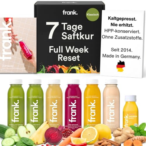 Frank Juice Saftkur 7 Tage, 42 x 330 ml Säfte + 7 x 60 ml Ingwer Shots | Vegane Fastenkur | Direktsaft kaltgepresst, aus frischem Obst und Gemüse | inkl. 10,50€ Einwegpfand im Preis enthalten