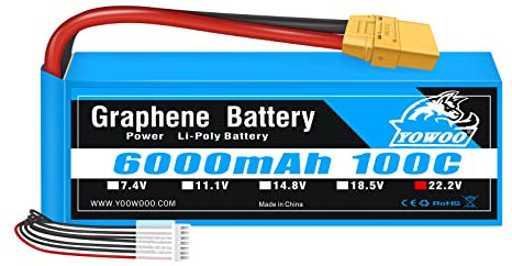 YOWOO 6S Batterie graphène 6000mAh 100C 22.2V Lipo Batteries avec Prise XT90 pour Mikado Logo 550, Align T-Rex 550 600 700, Sab Goblin 630, Grands multirotors, 1/5 Scale Redcat Rally, Arrma Mojave 6S