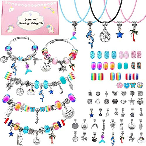 LauCentral [73 STÜCK] Charm Armband Kit, Schmuck Basteln Mädchen Armbänder Selber DIY Spielzeug für Kinder Geburtstag Weihnachten Ostergeschenke Geschenke 4 5 6 7 8 9 10 11 12 13 Jahre