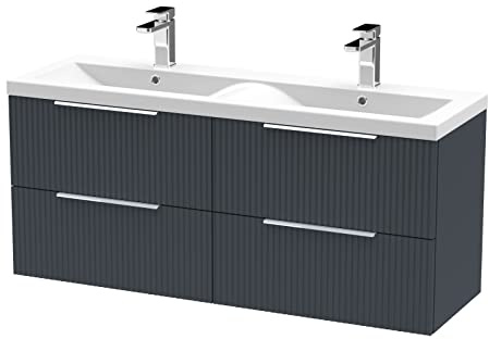 Hudson Reed DFF1493F Fluted Modern Bathroom Wall Hung 4 Drawer Double Vanity Basin Unit with Twin Ceramic Basin, 1200mm, Soft Black
