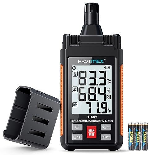 HT607 Misuratore di temperatura e umidità ad alta precisione con temperatura ambiente, umidità relativa, punto di rugiada, termometro a bulbo umido, mantenimento min/max, retroilluminazione LCD