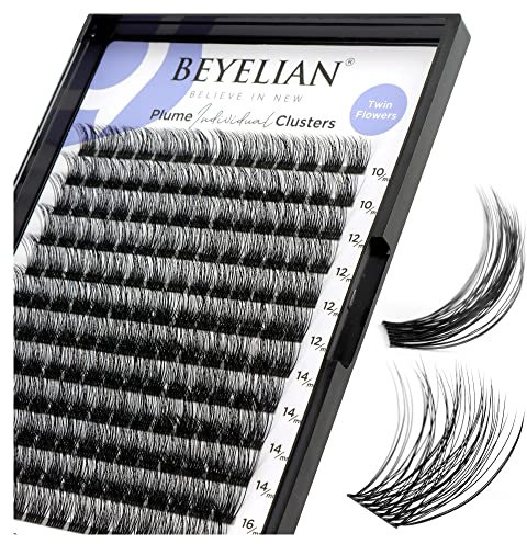 BEYELIAN Faux Cils Individuel, D+ Curl Extension de Cils, 168 Pcs 0.07mm 10-16mm Mixed DIY Cluster Lashes Réutilisables Bande noire pour usage personnel à la maison (Twin Flowers)