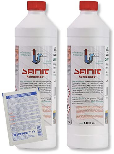 DEWEPRO-Set: SANIT RohrBombe (3066) - 2 Flaschen à 1000ml - Der alternative Rohrreiniger - säurefrei löst er Verstopfungen, insbesondere verursacht durch Haare - inkl. 1 St. DEWEPRO® Single Scrubs
