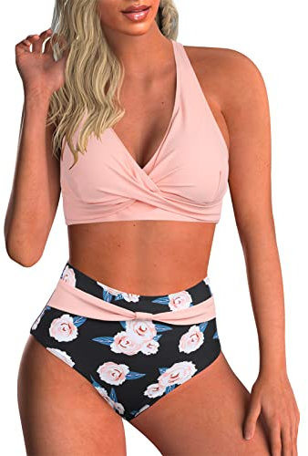 Adigaber Damen Zweiteiliger Badeanzug V Ausschnitt überkreuztes Blumenmuster Bikini Bademode Bauchkontrolle Bikini Sets
