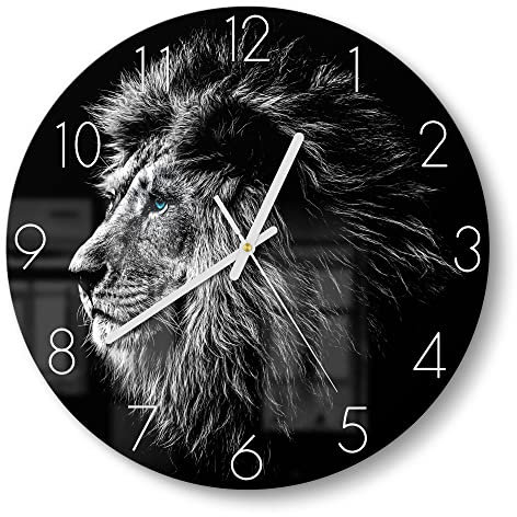 DEQORI Glasuhr | rund Ø 30 cm | Motiv König der Tiere im Profil | ausgefallene leise Design Uhr aus Glas | Wanduhr für Wohnzimmer & Küche | Moderne Hingucker Uhr für die Wand