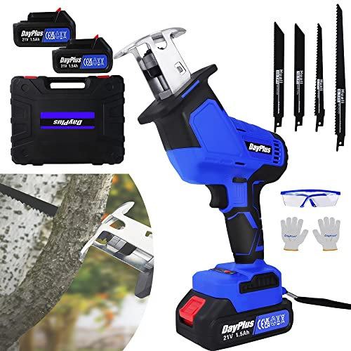 Bürstenlose Akku Säbelsäge Elektrische Reciprosäge mit 2x1,5Ah Batterien, Akku Reciprosäge Akkusäbelsäge 1900RPM Variabler Geschwindigkeit, 4 Säbelsägeblatt für Holz- und Metallschnitte