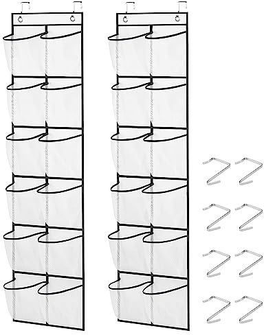 YancLife 2 Packs Over The Door Shoe Rack Organiser - 12 Large Mesh Pockets Hanging Shoe Storage for Narrow Wardrobe With Hanger - Space Saving Solution