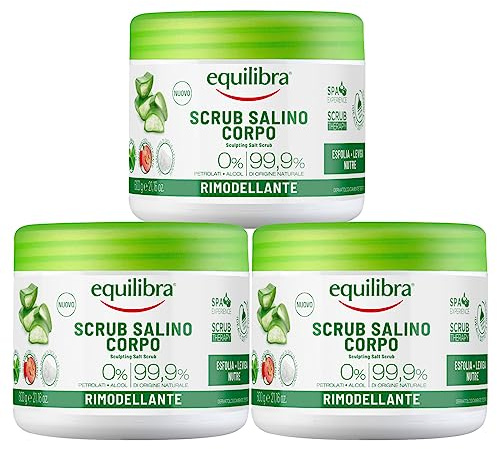 Equilibra Salino Körperpeeling, pflegendes Peeling, mit Meersalzen, natürlichen Ölen und Pflanzenextrakten mit 99,9 % natürlichen Inhaltsstoffen – 3 Dosen à 600 g